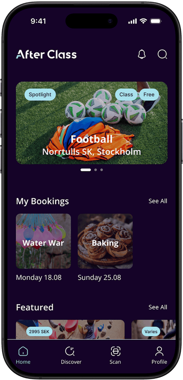 After Class mobile app preview showing discovery and booking screens